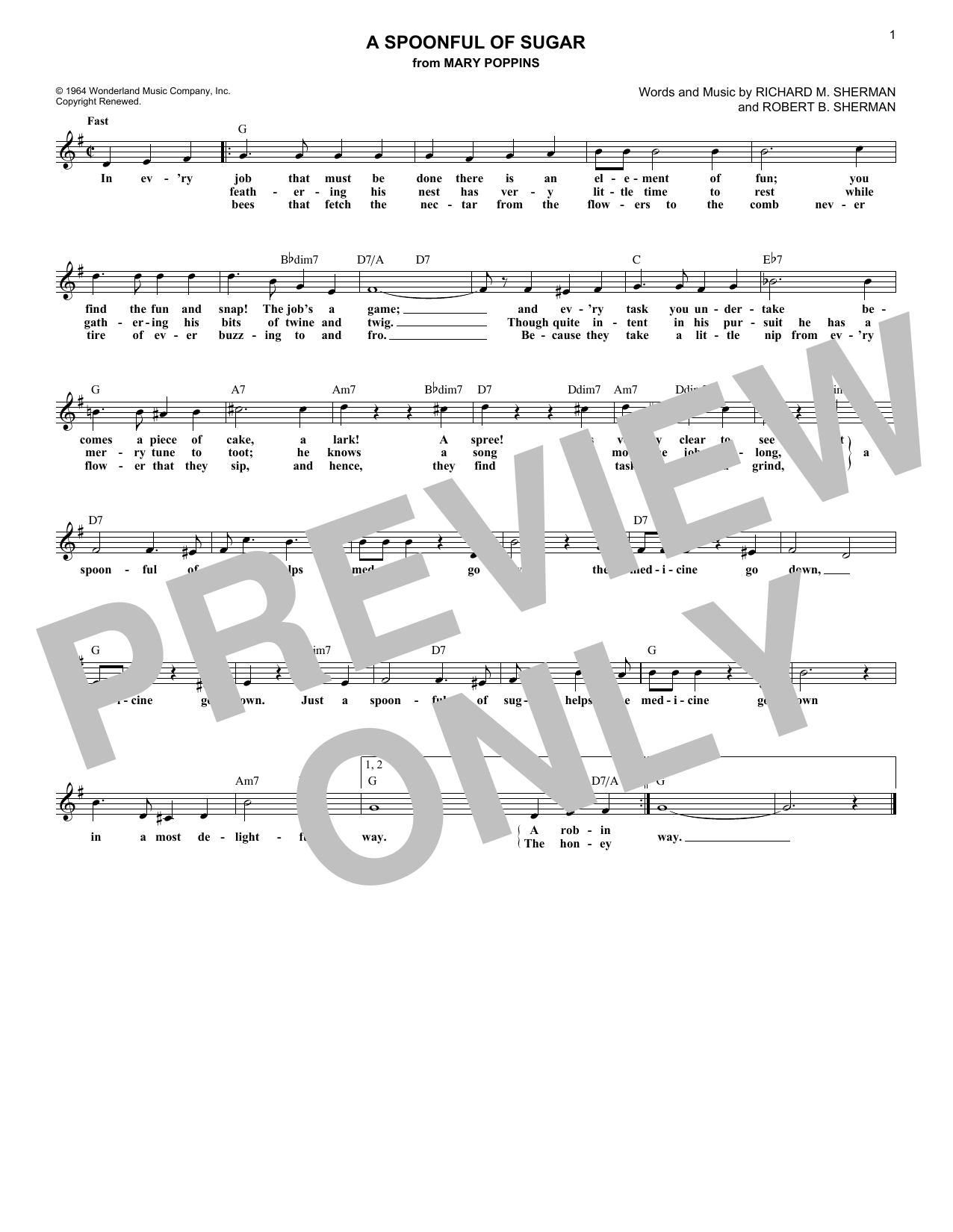 Sherman Brothers A Spoonful Of Sugar (from Mary Poppins) sheet music notes printable PDF score