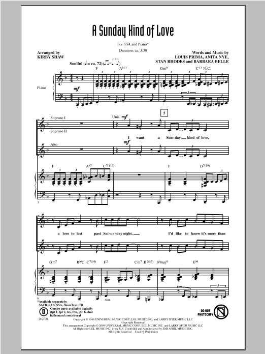 Download Kirby Shaw A Sunday Kind Of Love Sheet Music