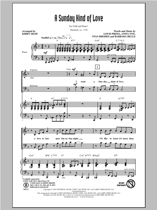 Download Kirby Shaw A Sunday Kind Of Love Sheet Music