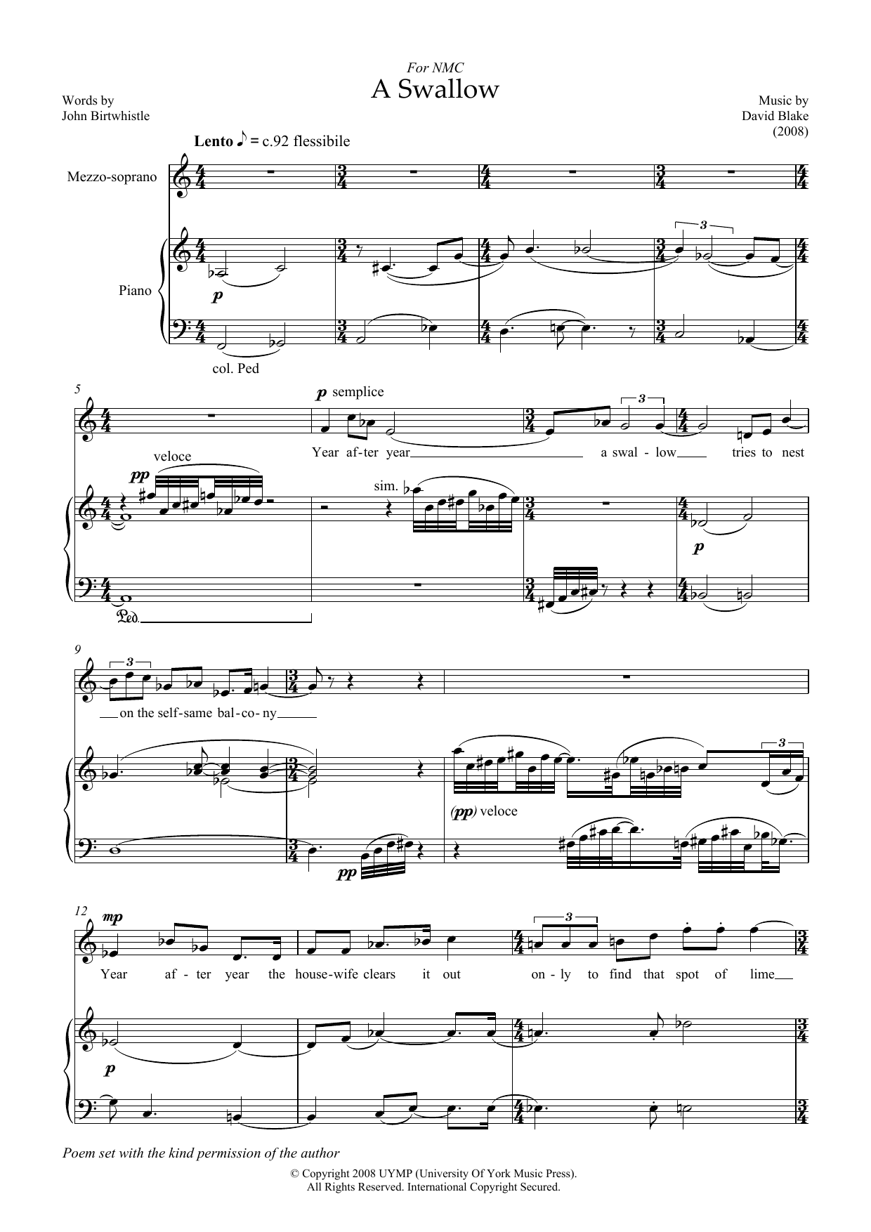 Download David Blake A Swallow (for mezzo-soprano & piano) Sheet Music
