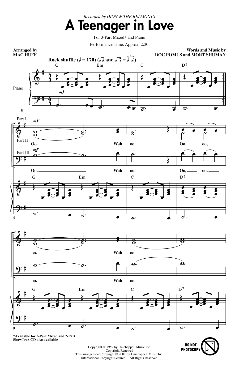 Download Dion & The Belmonts A Teenager In Love (arr. Mac Huff) Sheet Music