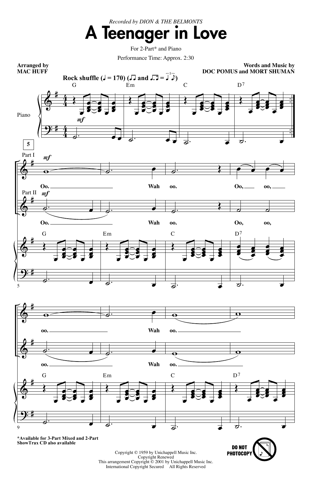 Download Dion & The Belmonts A Teenager In Love (arr. Mac Huff) Sheet Music