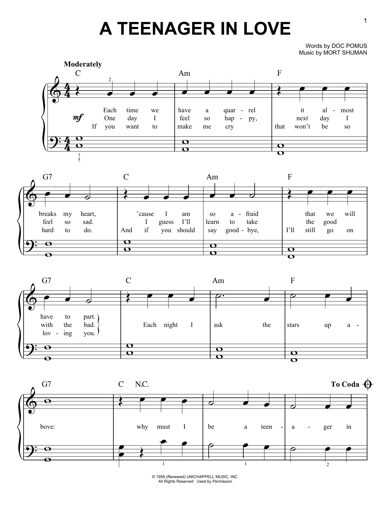 Download Dion & The Belmonts A Teenager In Love Sheet Music