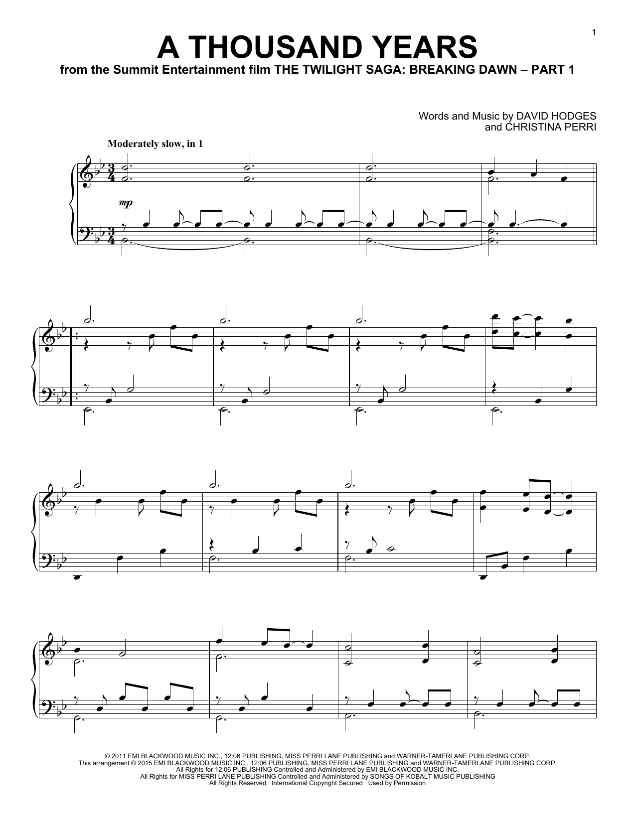 Download Christina Perri A Thousand Years Sheet Music