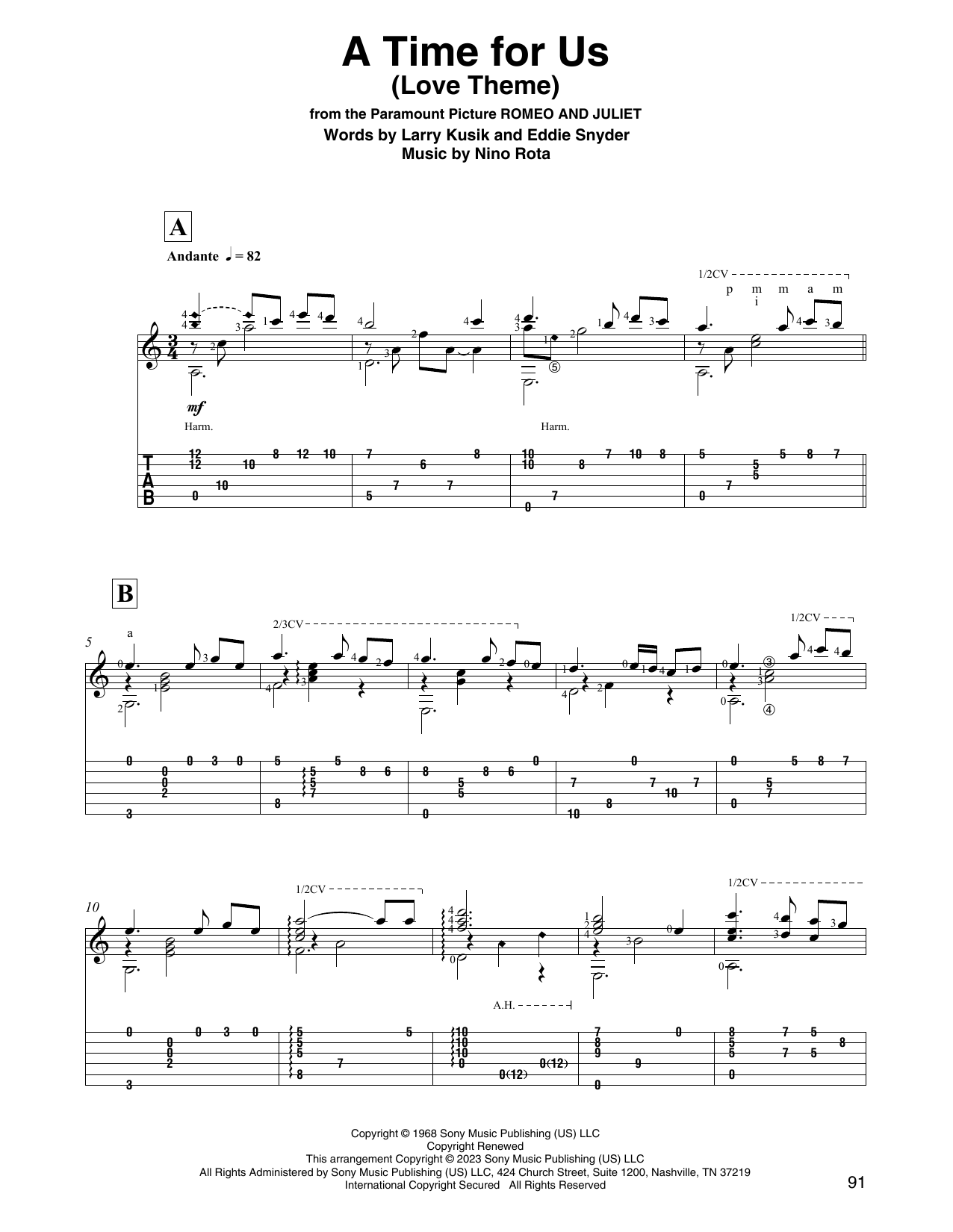 Nino Rota A Time For Us (Love Theme) (arr. David Jaggs) sheet music notes printable PDF score