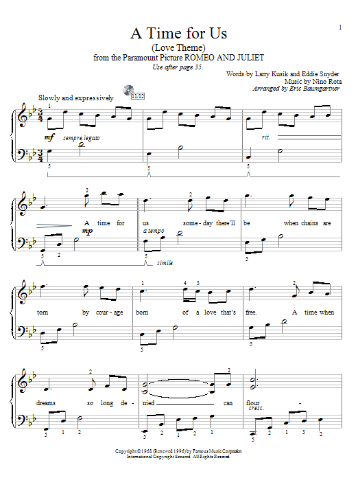 Download Eric Baumgartner A Time For Us (Love Theme) Sheet Music