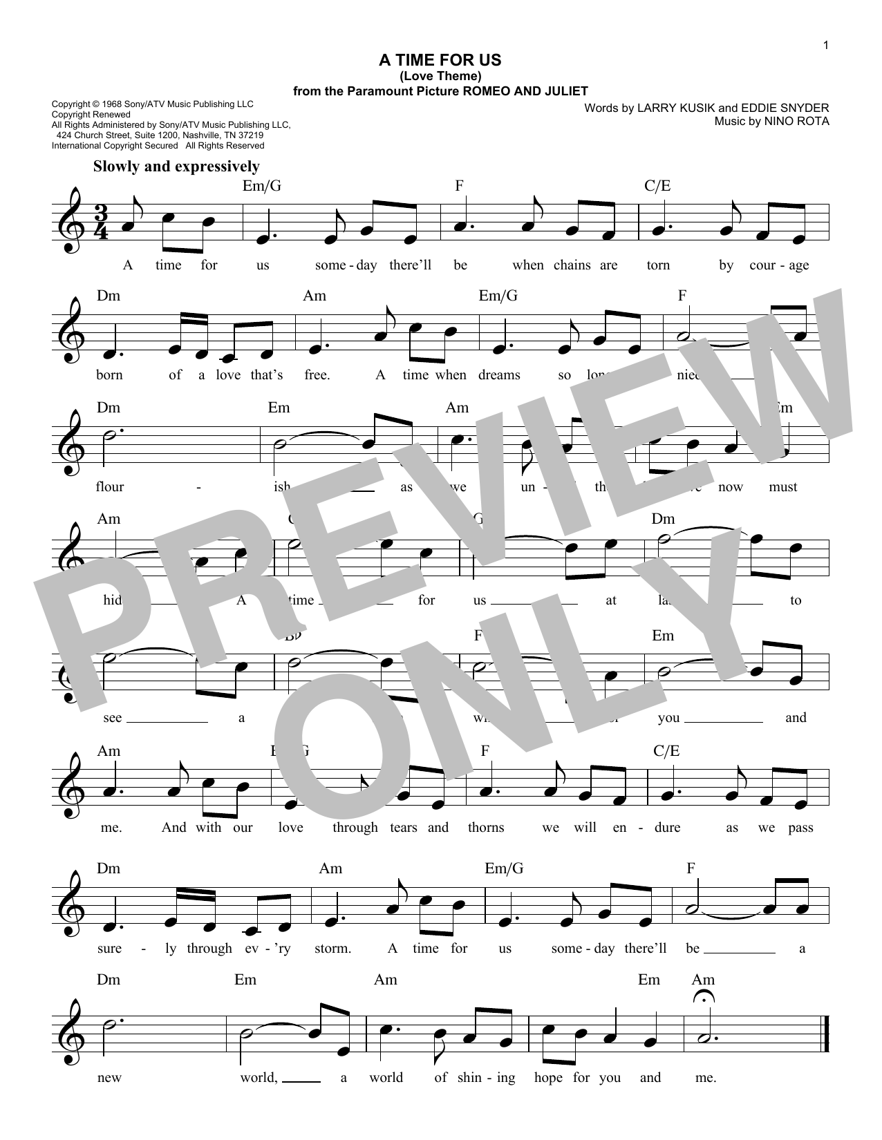 Download Nino Rota A Time For Us (Love Theme from Romeo An Sheet Music