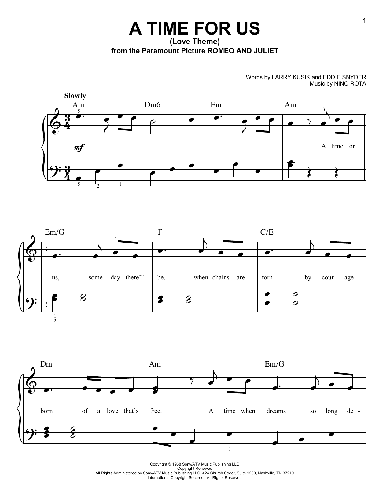 Download Nino Rota A Time For Us (Love Theme) Sheet Music