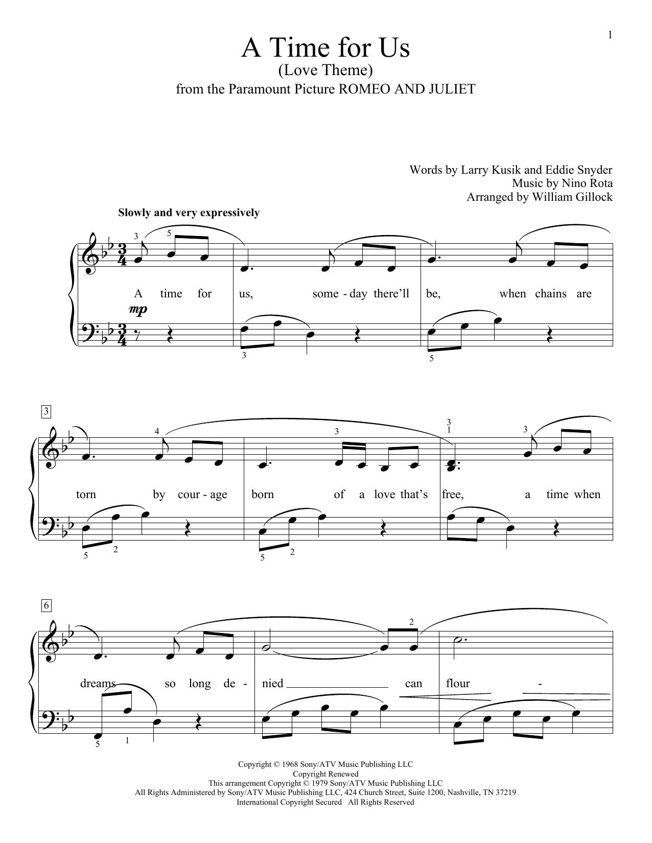 Download William Gillock A Time For Us (Love Theme) Sheet Music