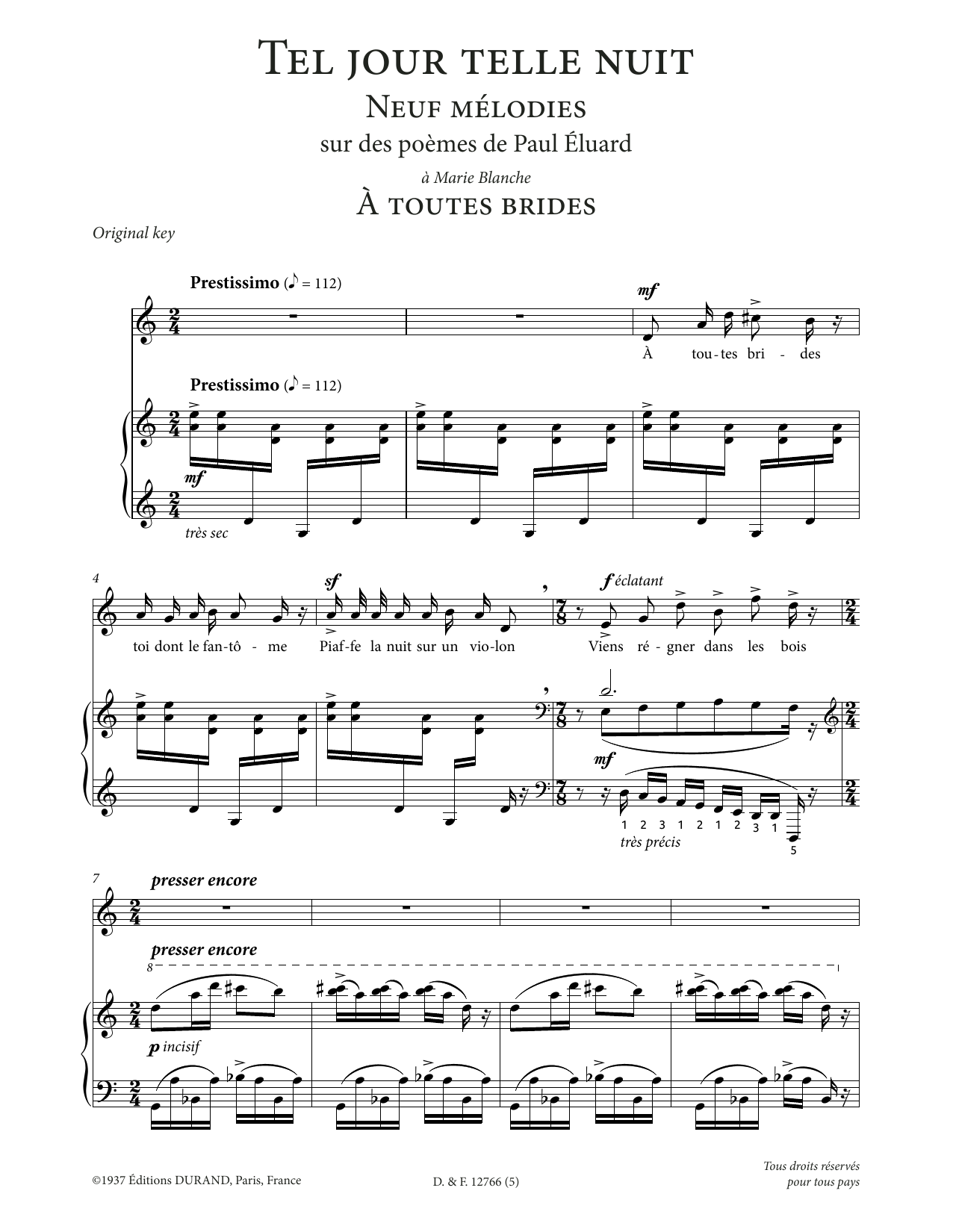 Francis Poulenc A toutes brides (High Voice) sheet music notes printable PDF score