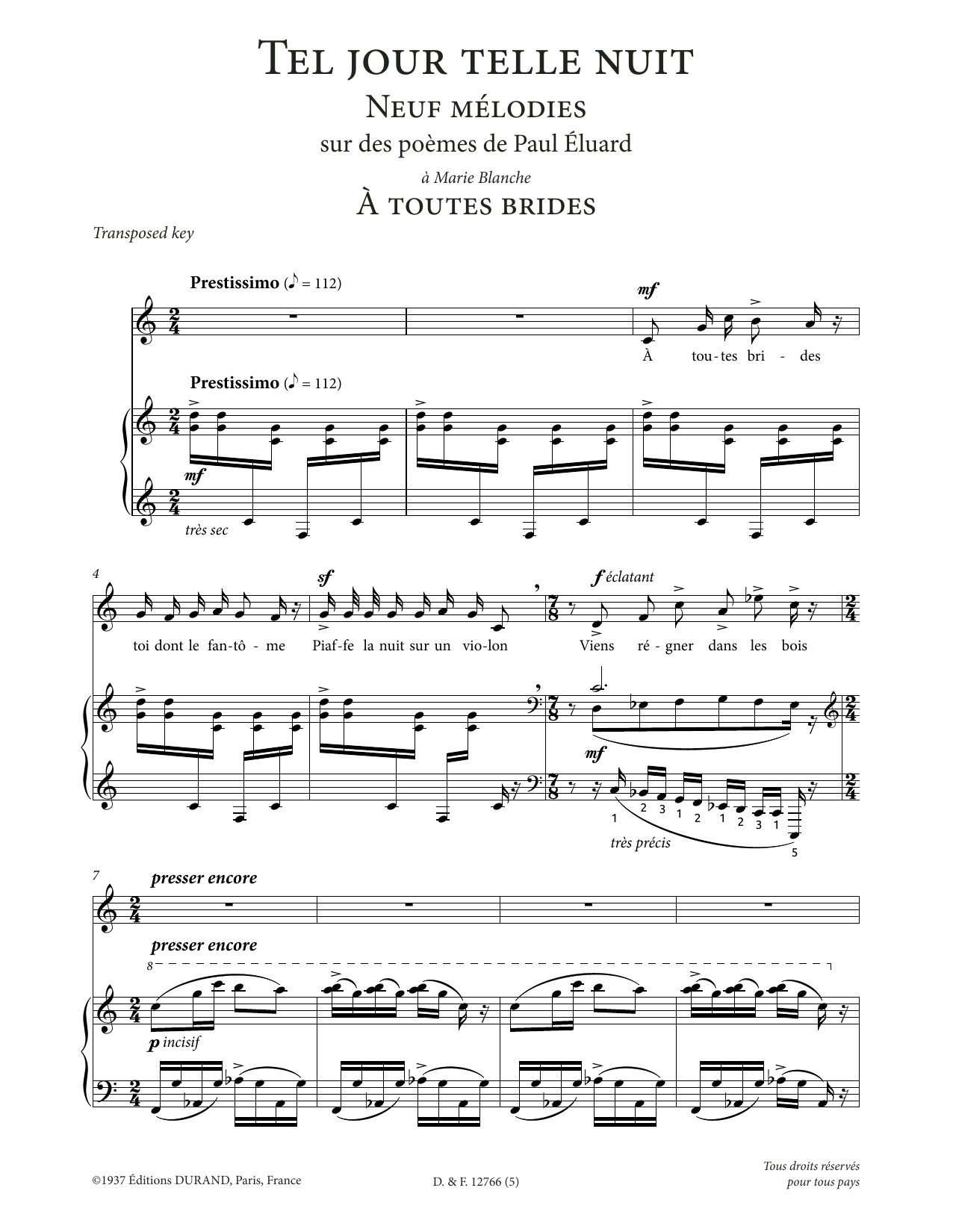 Francis Poulenc A toutes brides (Low Voice) sheet music notes printable PDF score