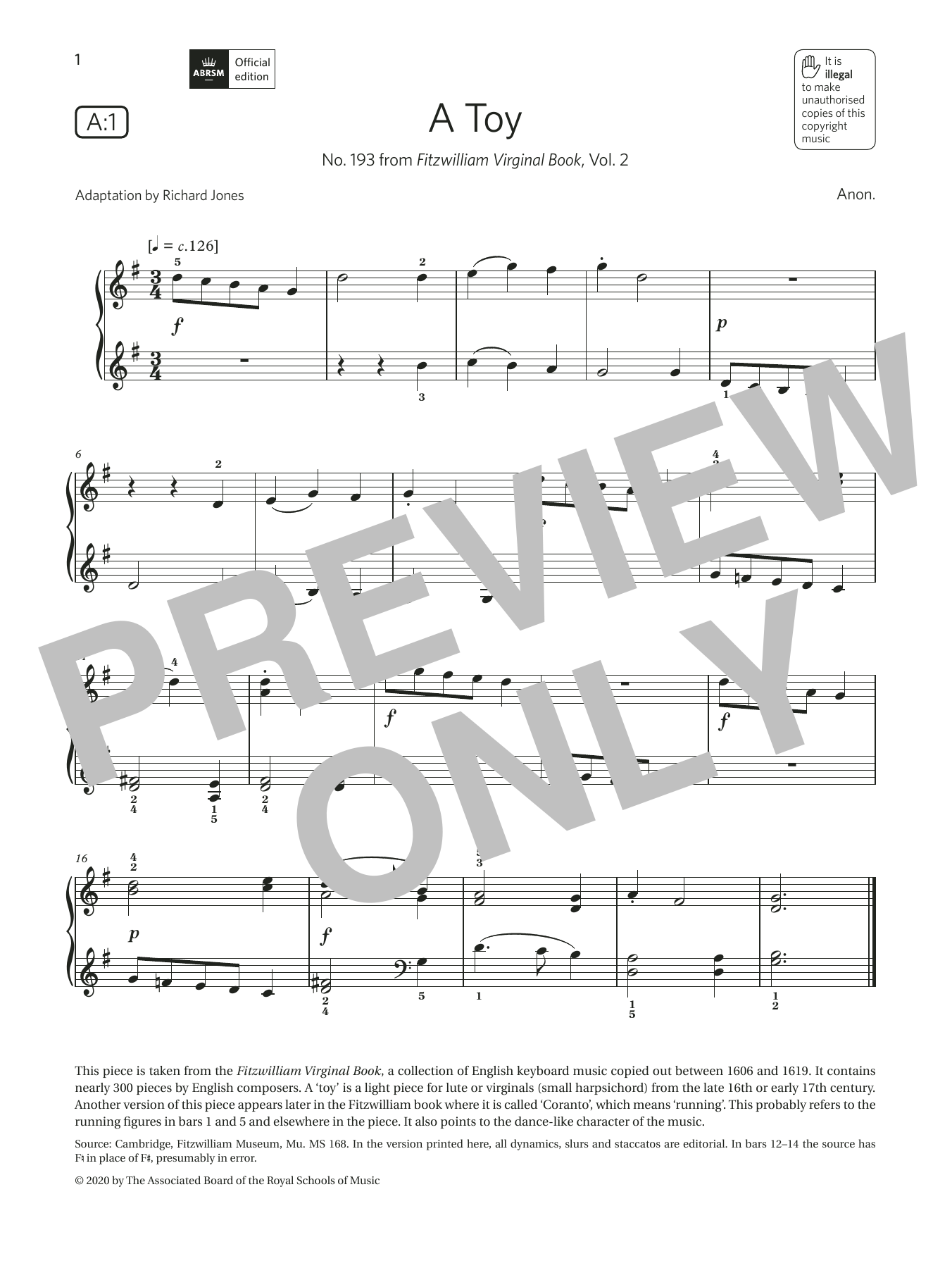 Download Anon. A Toy (Grade 1, list A1, from the ABRSM Sheet Music