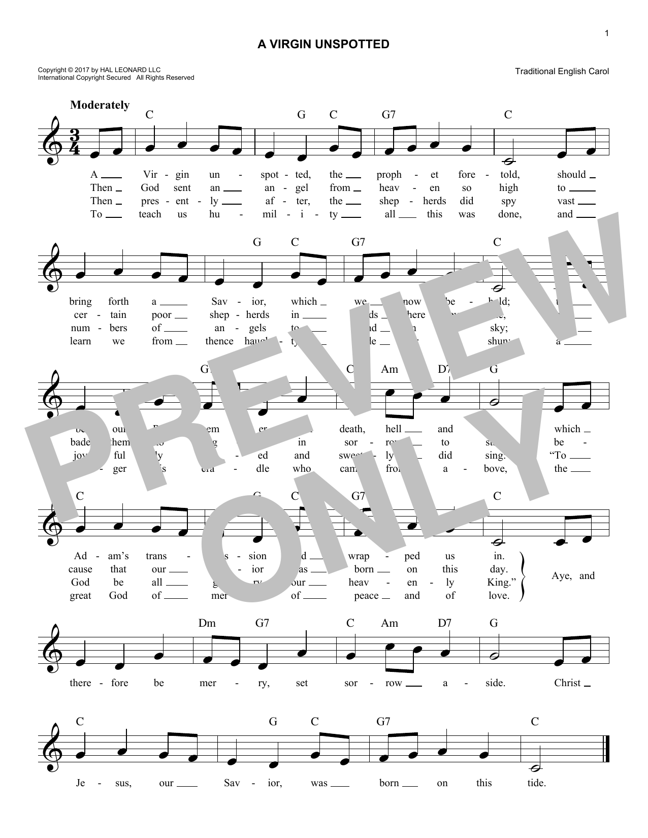 Download Traditional English Carol A Virgin Unspotted Sheet Music