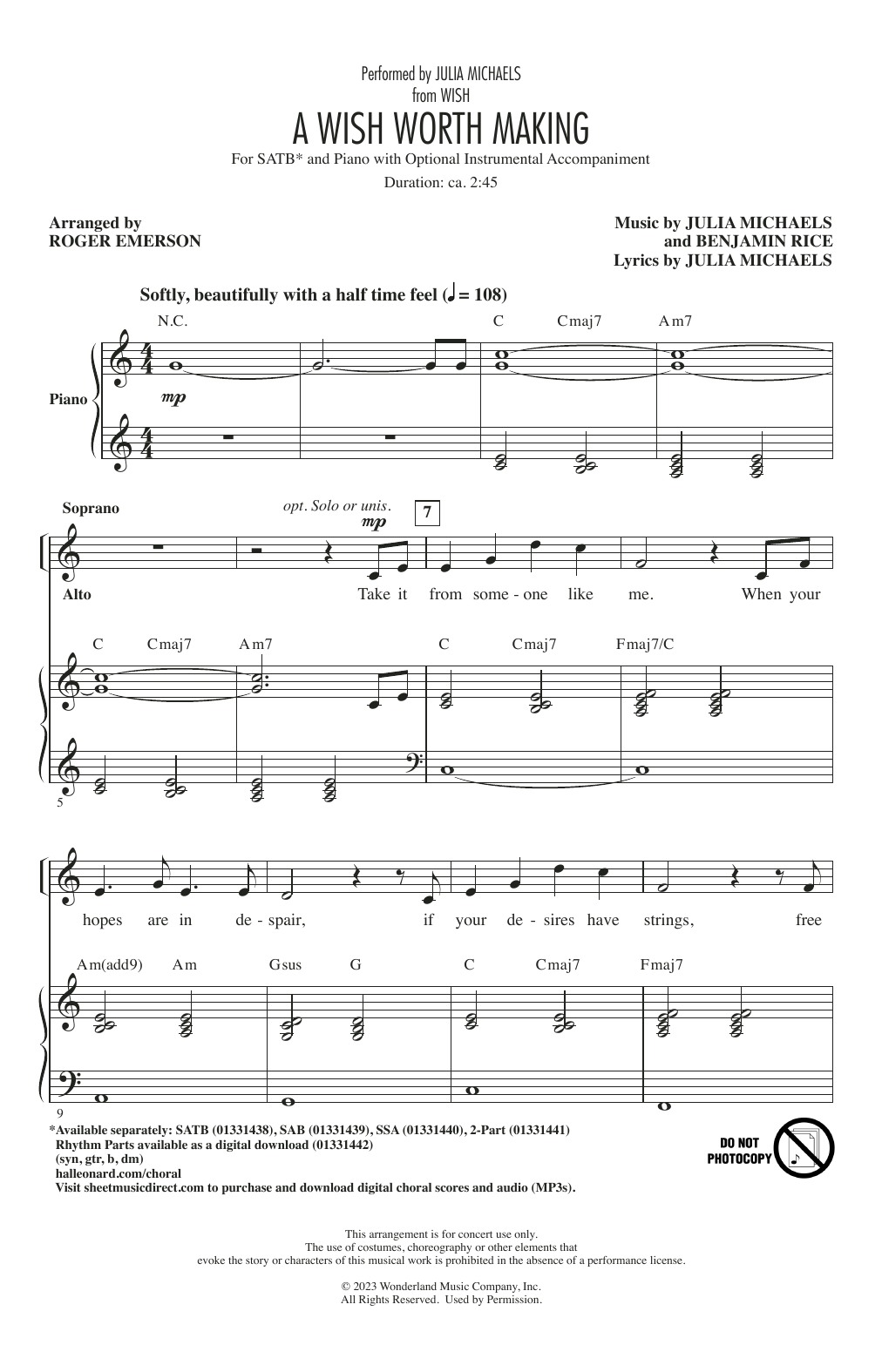 Julia Michaels A Wish Worth Making (from Wish) (arr. Roger Emerson) sheet music notes printable PDF score