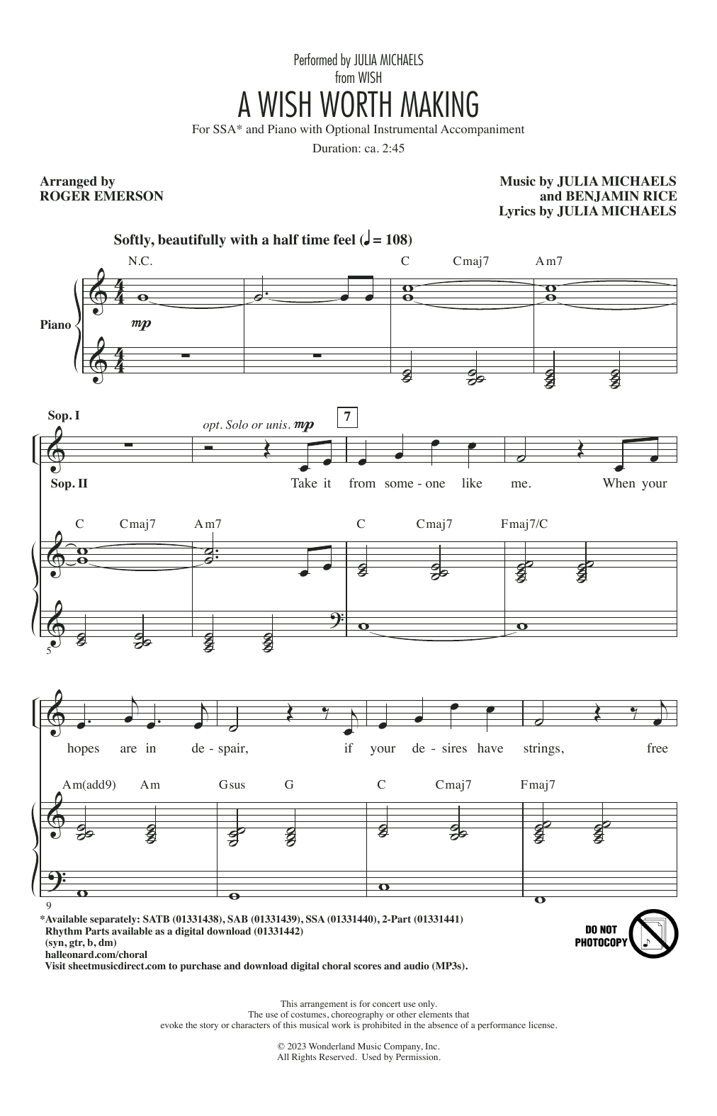 Julia Michaels A Wish Worth Making (from Wish) (arr. Roger Emerson) sheet music notes printable PDF score