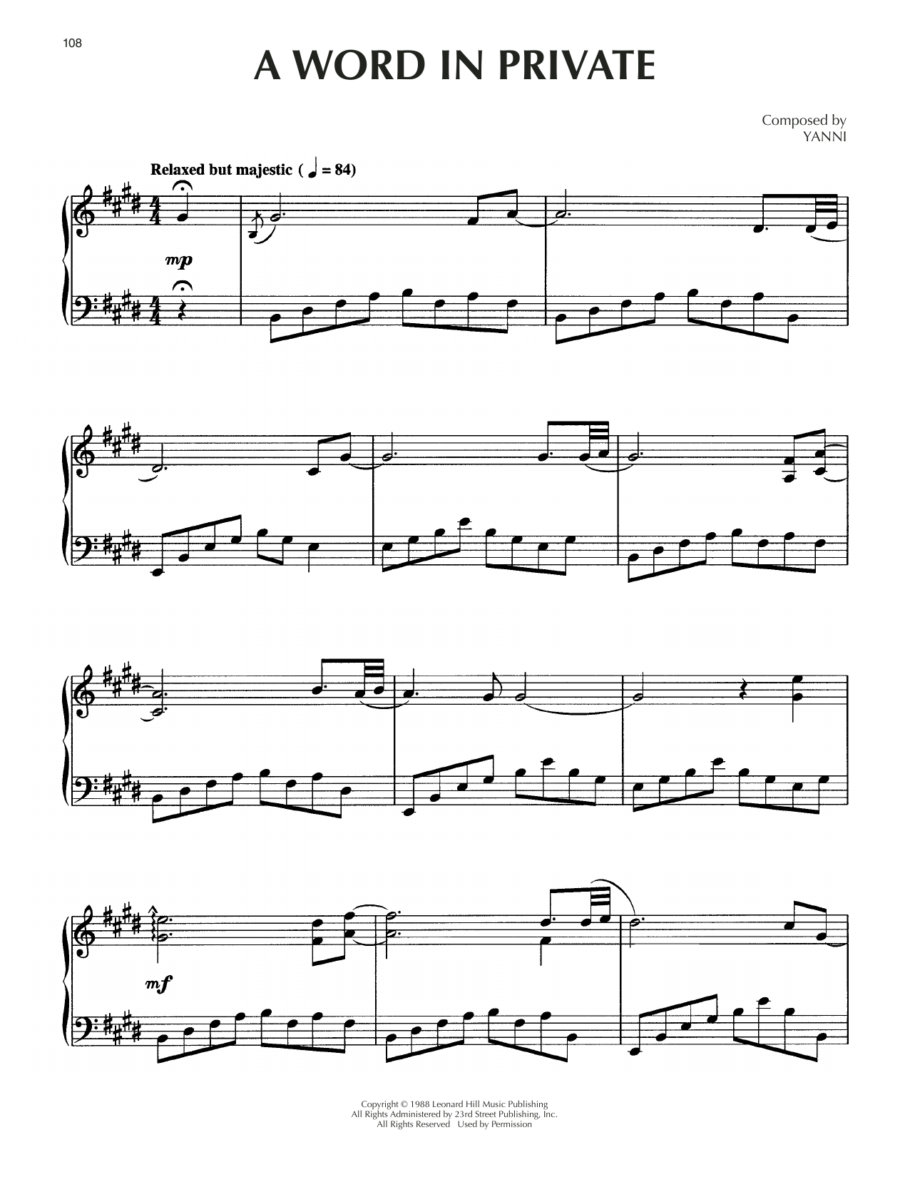 Download Yanni A Word In Private Sheet Music