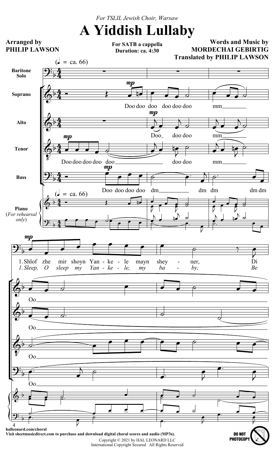 Download Mordechai Gebirtig A Yiddish Lullaby (arr. Philip Lawson) Sheet Music
