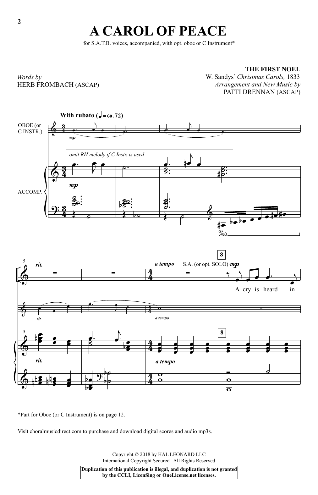 Patti Drennan A Carol Of Peace sheet music notes printable PDF score