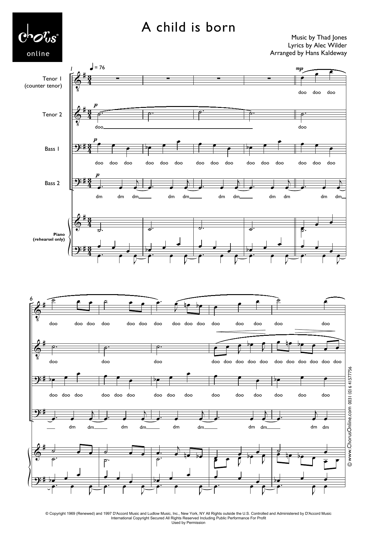 Thad Jones A Child is Born (arr. Hans Kaldeway) sheet music notes printable PDF score