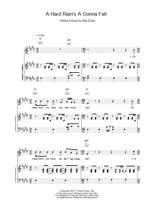 Bob Dylan A Hard Rain's A Gonna Fall sheet music notes printable PDF score