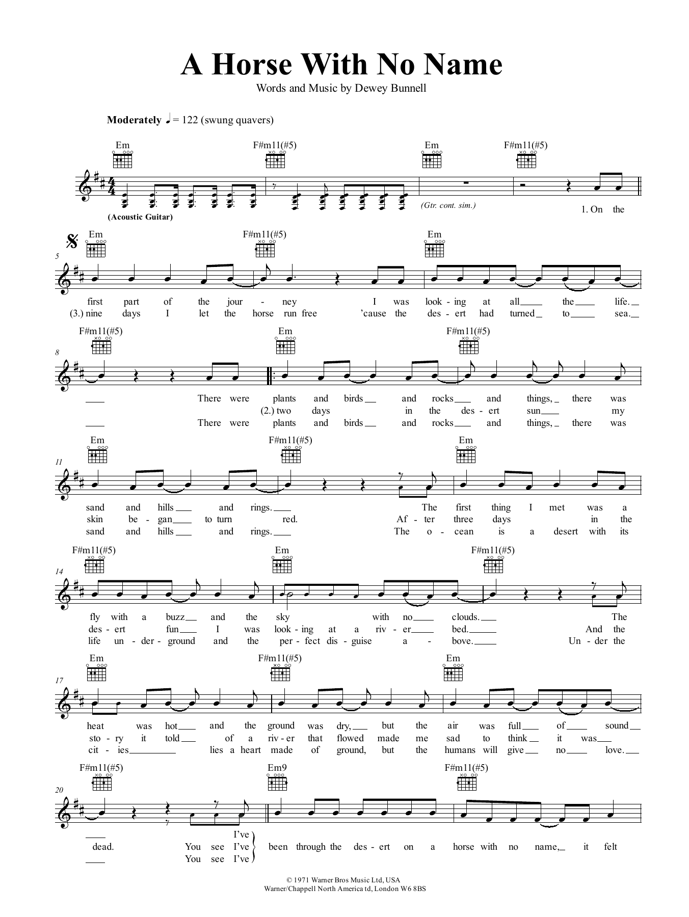 Download America A Horse With No Name Sheet Music