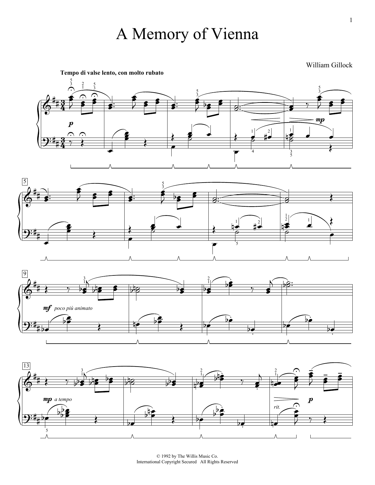 William Gillock A Memory Of Vienna sheet music notes printable PDF score
