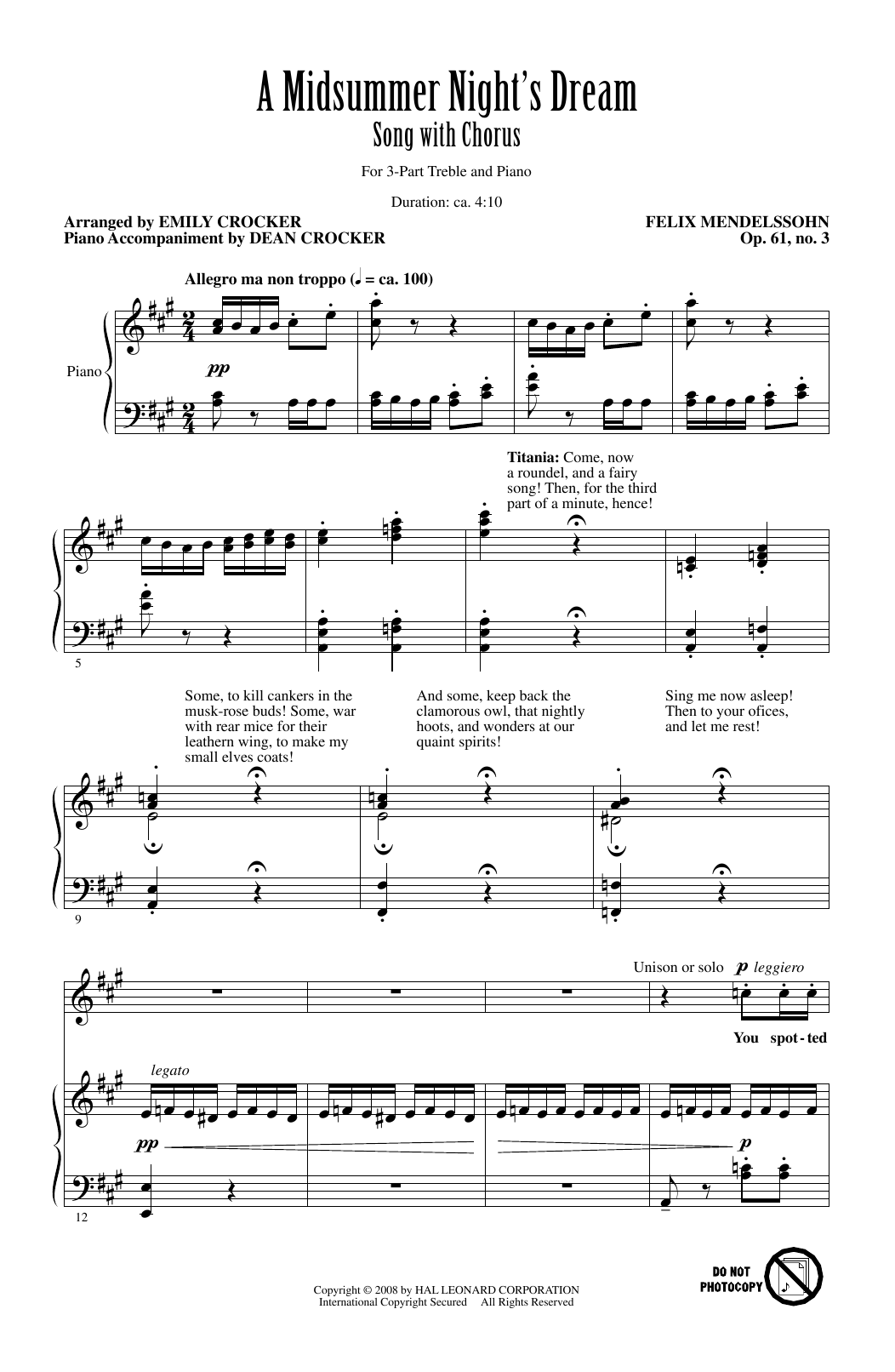 Emily Crocker A Midsummer Night's Dream Overture, Excerpt sheet music notes printable PDF score