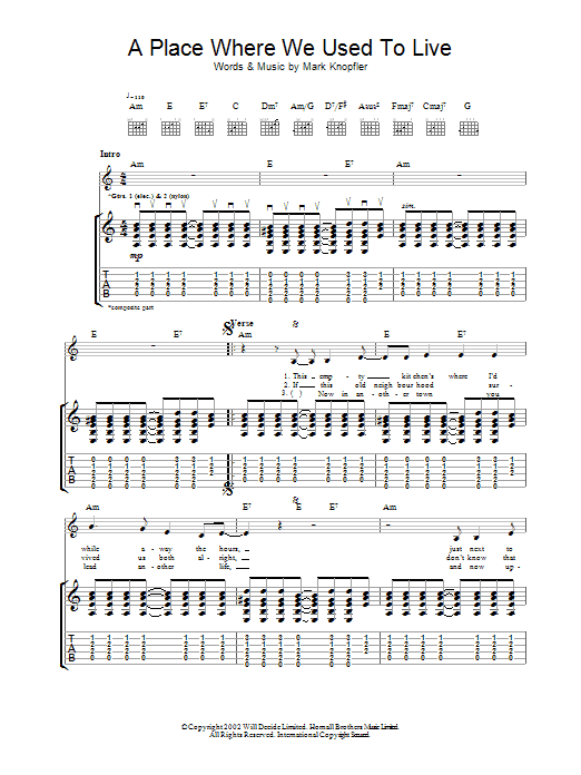Mark Knopfler A Place Where We Used To Live sheet music notes printable PDF score