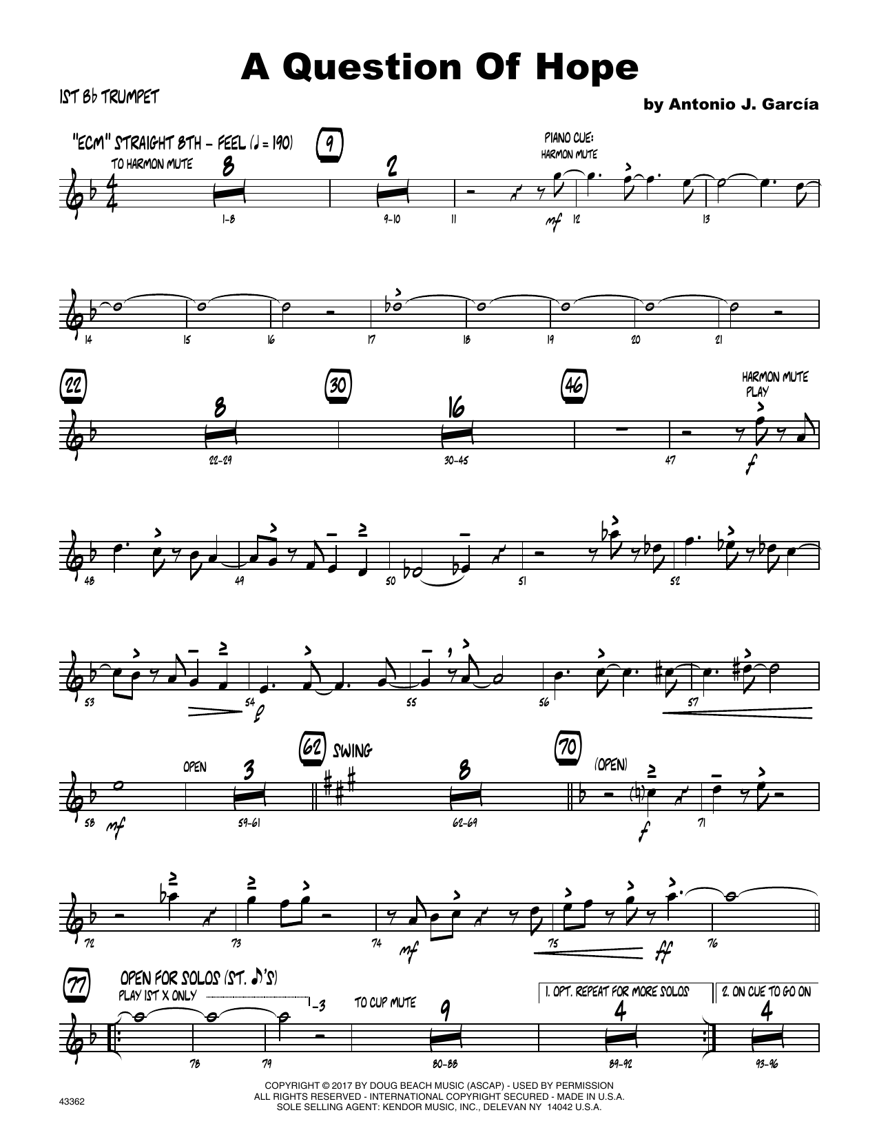 Download Antonio Garcia A Question Of Hope - 1st Bb Trumpet Sheet Music