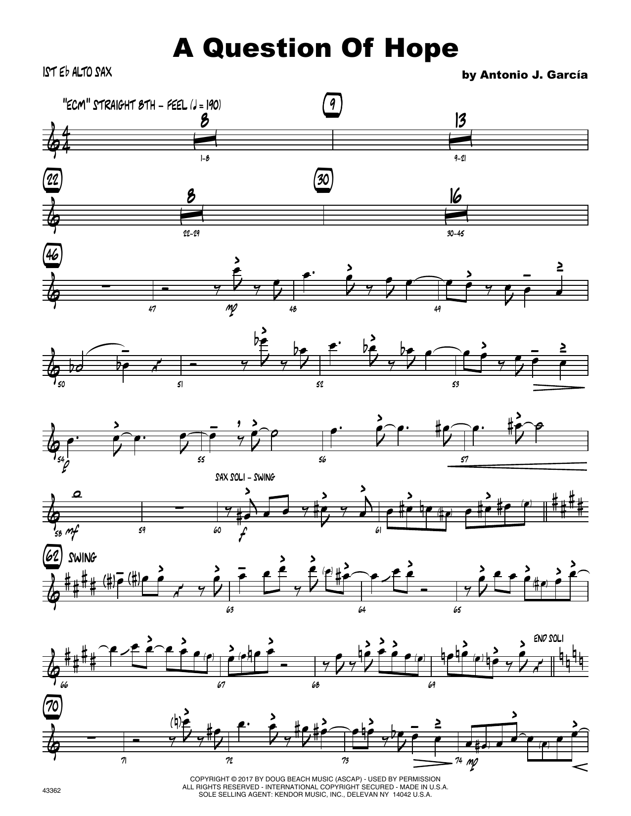 Download Antonio Garcia A Question Of Hope - 1st Eb Alto Saxoph Sheet Music