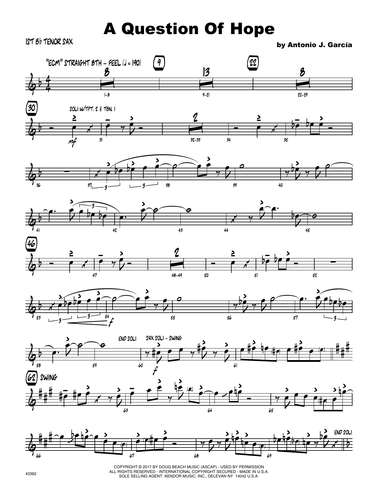 Download Antonio Garcia A Question Of Hope - 1st Tenor Saxophon Sheet Music