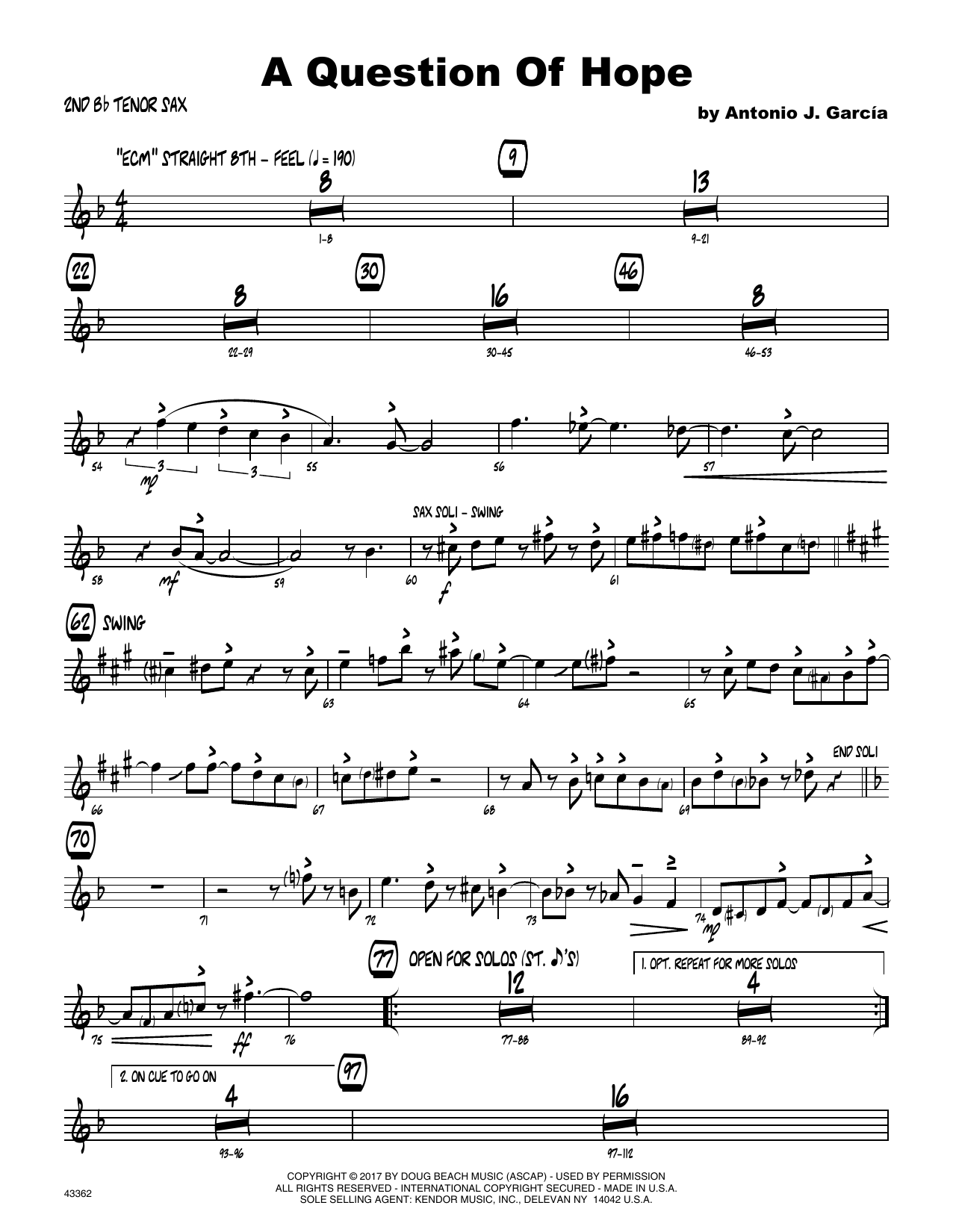 Download Antonio Garcia A Question Of Hope - 2nd Bb Tenor Saxop Sheet Music
