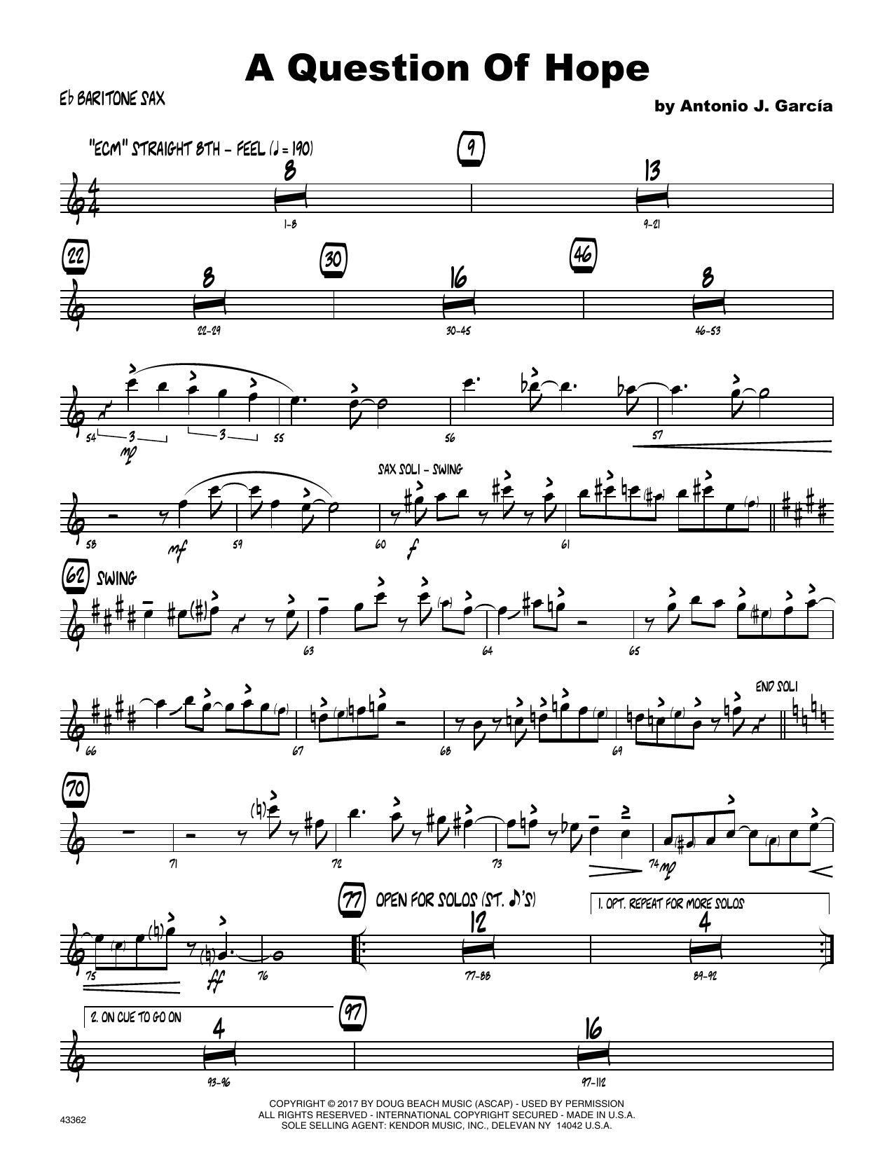 Download Antonio Garcia A Question Of Hope - Eb Baritone Saxoph Sheet Music