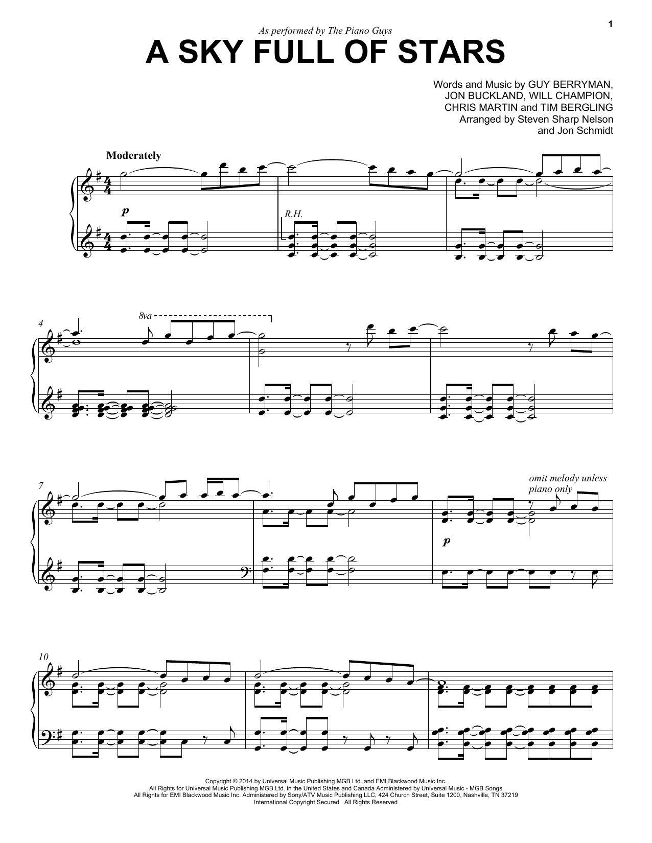 The Piano Guys A Sky Full Of Stars sheet music notes printable PDF score