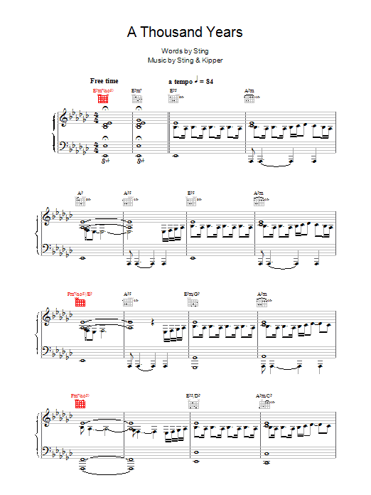 Sting A Thousand Years sheet music notes printable PDF score