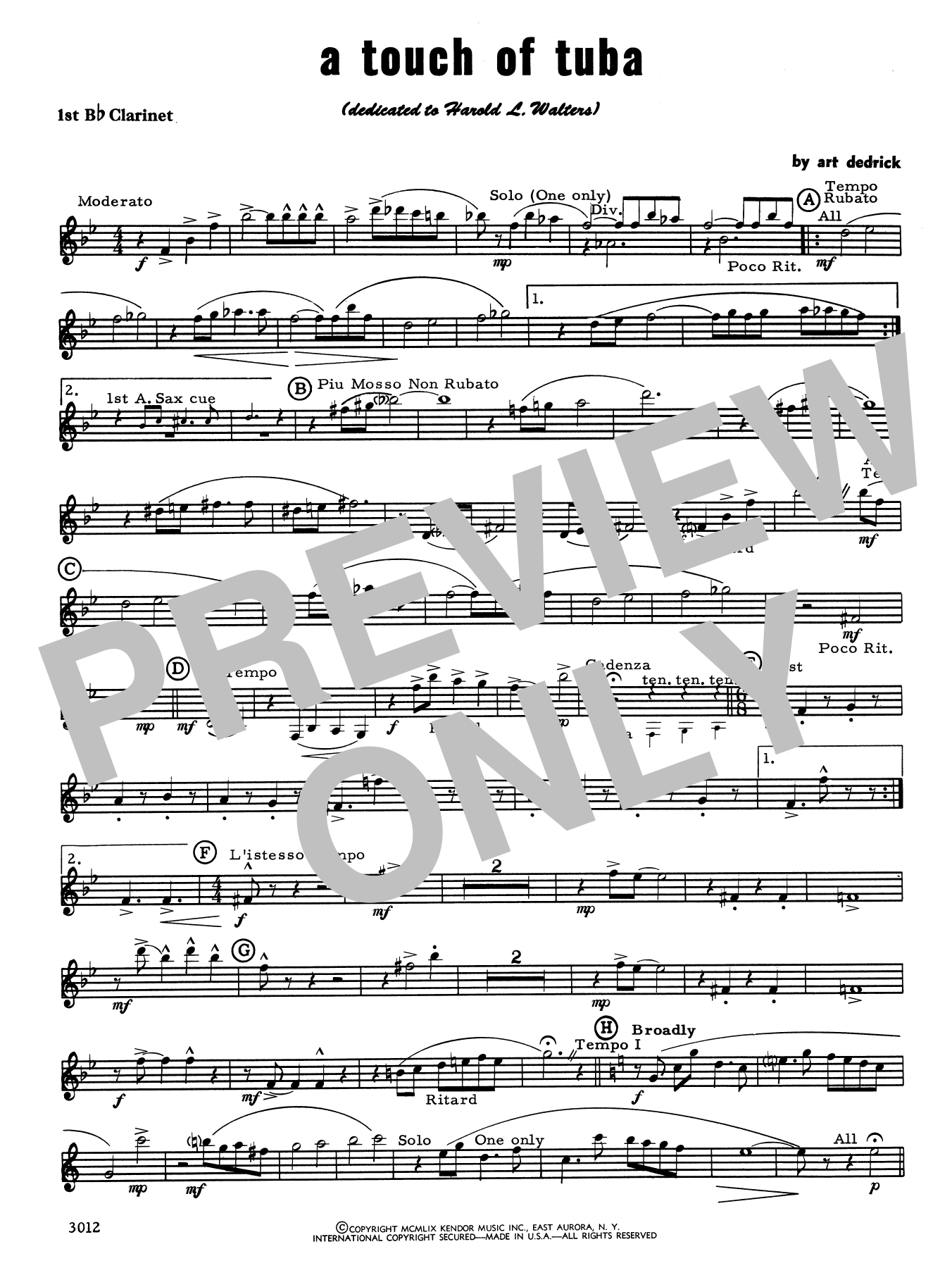 Download Art Dedrick A Touch Of Tuba - 1st Bb Clarinet Sheet Music