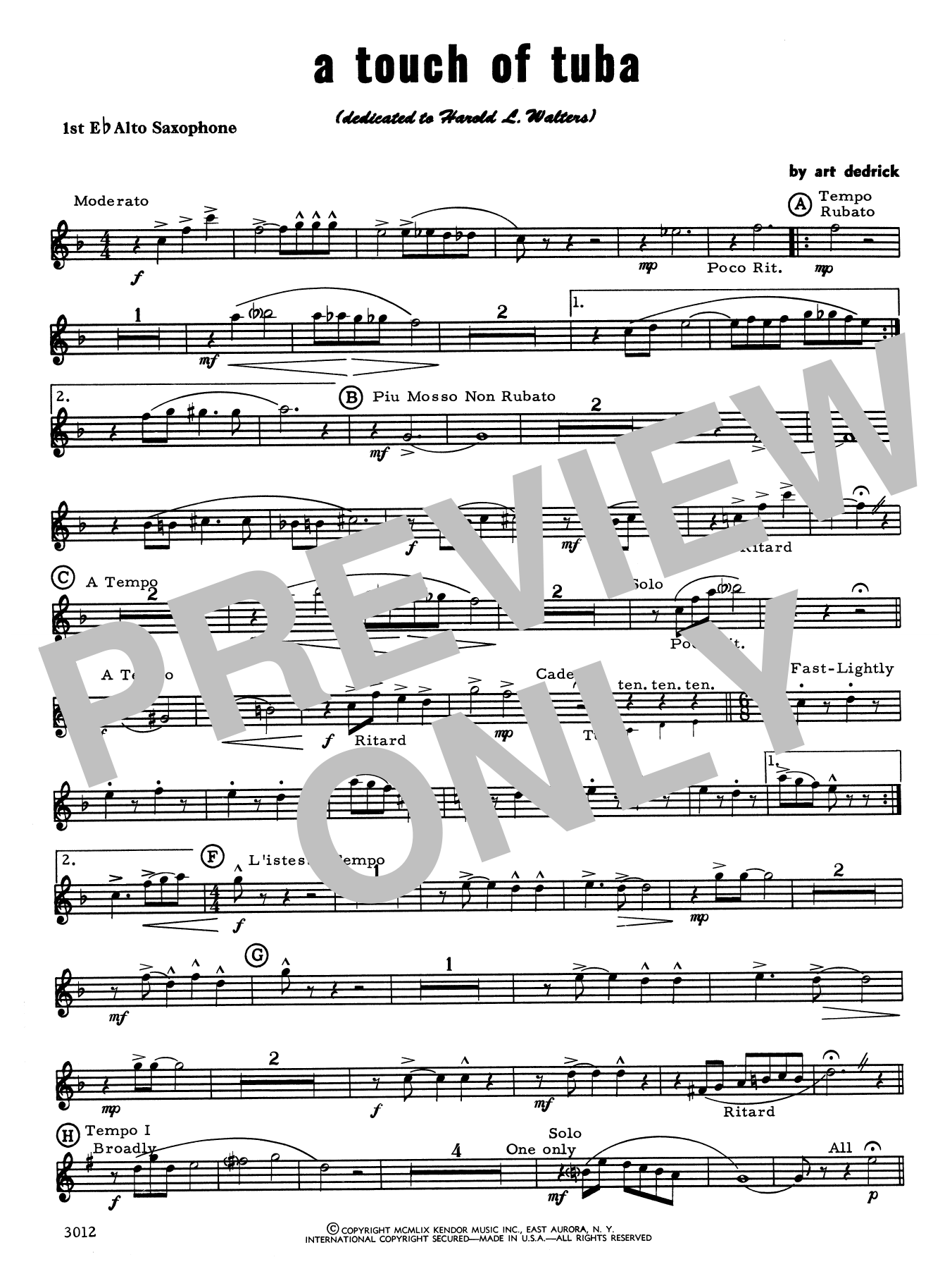 Download Art Dedrick A Touch Of Tuba - 1st Eb Alto Saxophone Sheet Music