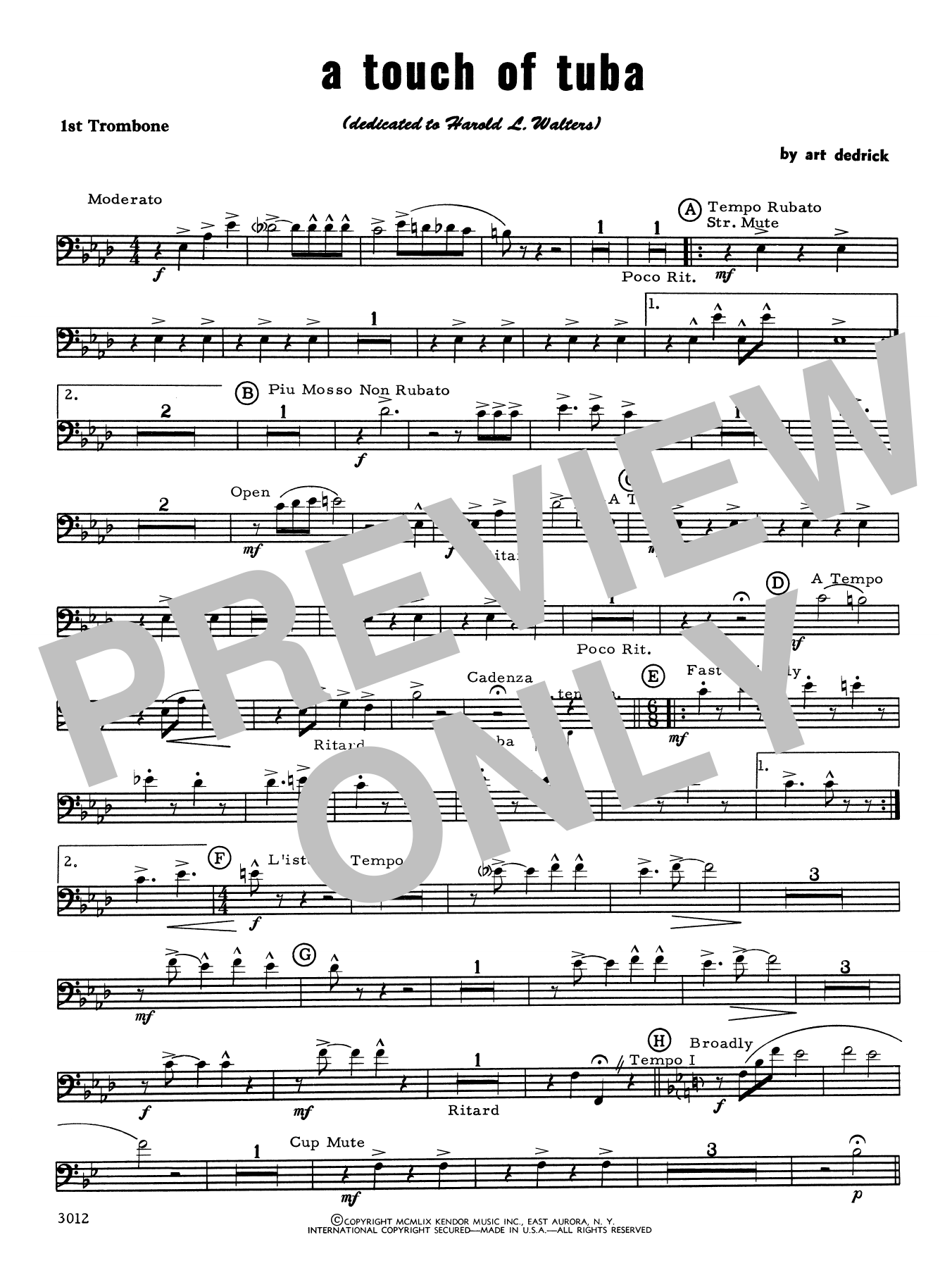 Download Art Dedrick A Touch Of Tuba - 1st Trombone Sheet Music
