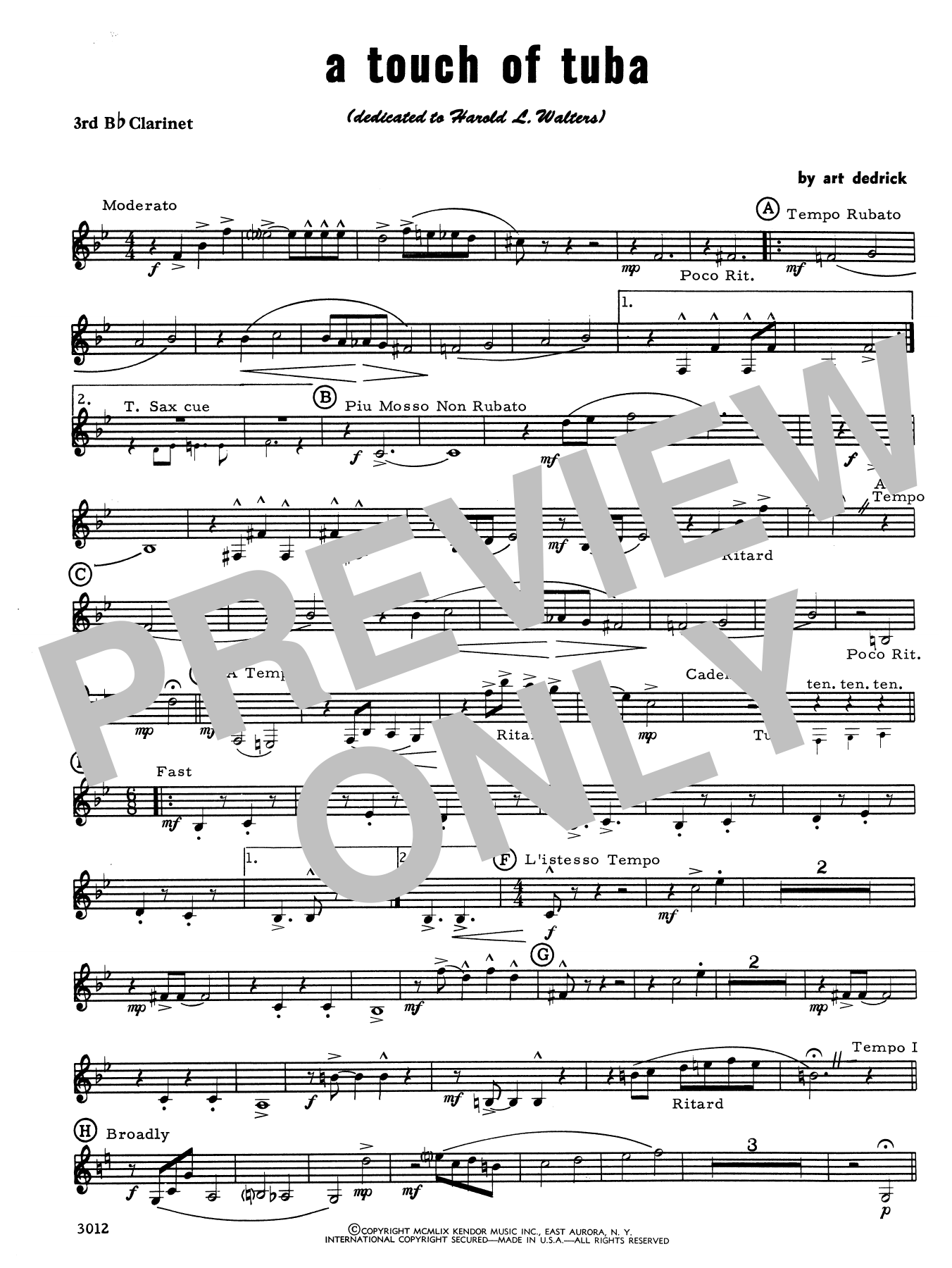 Download Art Dedrick A Touch Of Tuba - 3rd Bb Clarinet Sheet Music
