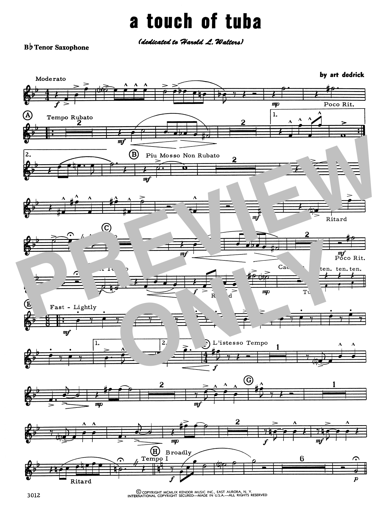 Download Art Dedrick A Touch Of Tuba - Bb Tenor Saxophone Sheet Music