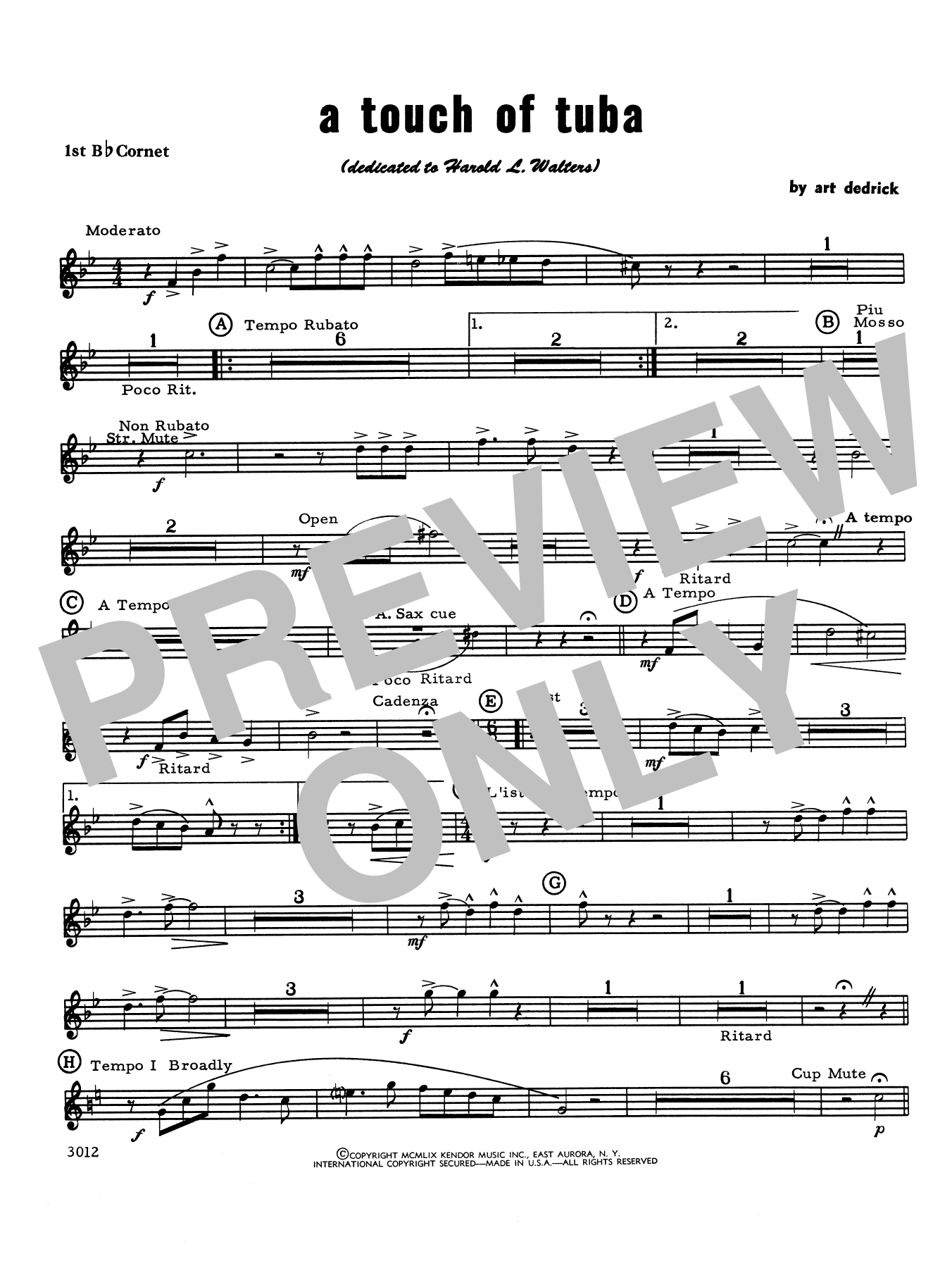 Download Art Dedrick A Touch Of Tuba - Cornet 1 Sheet Music
