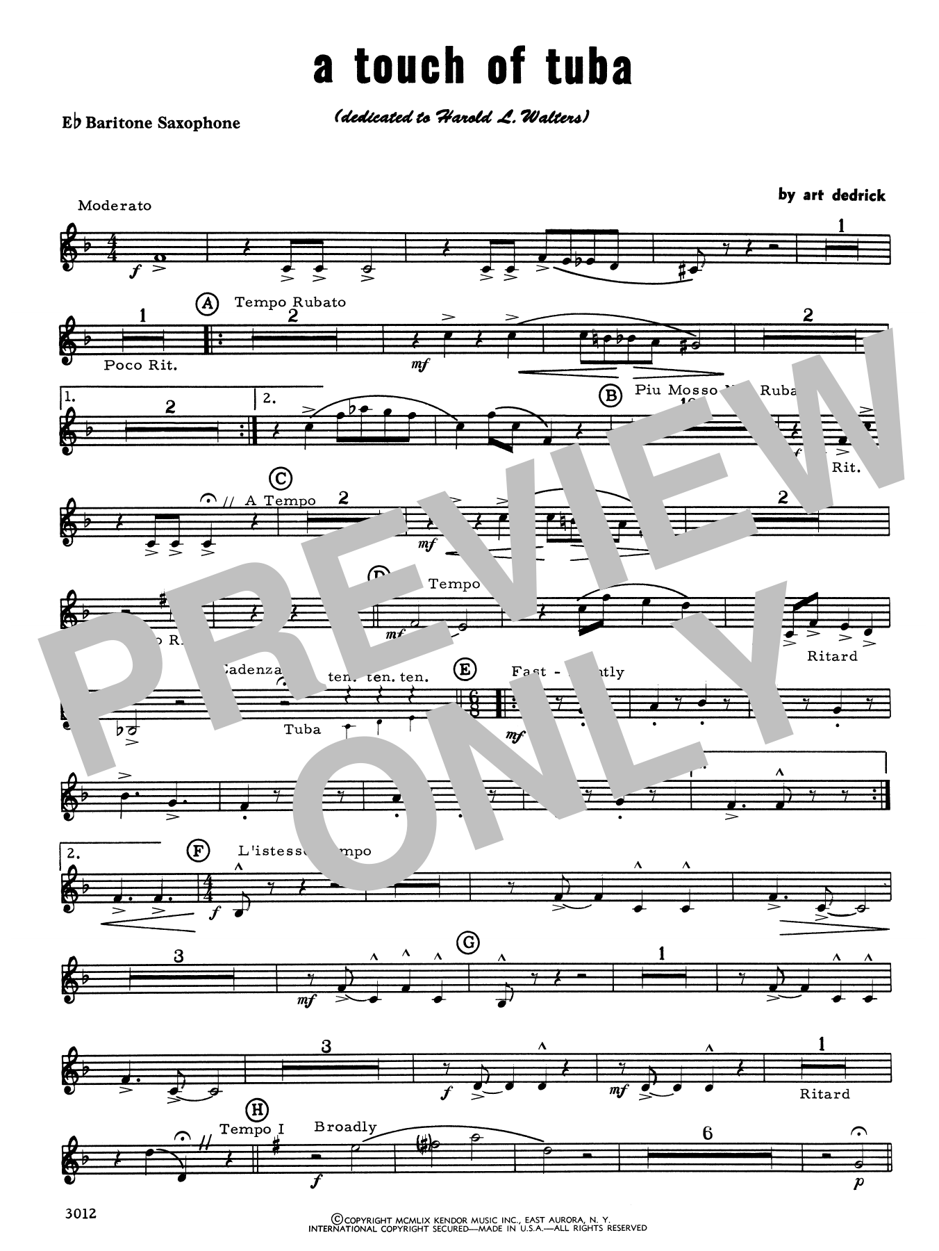 Download Art Dedrick A Touch Of Tuba - Eb Baritone Saxophone Sheet Music