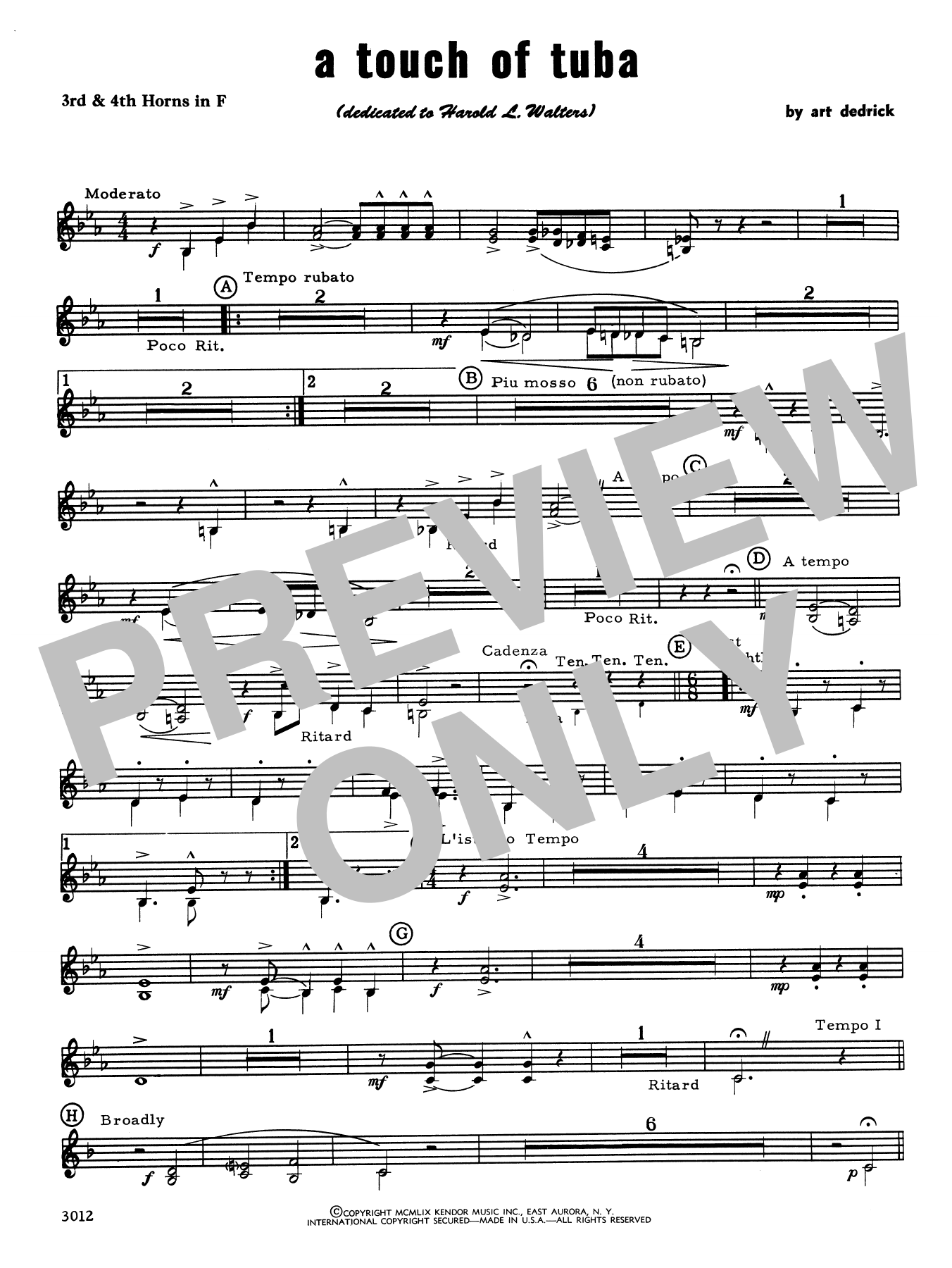 Download Art Dedrick A Touch Of Tuba - F Horn 3 & 4 Sheet Music
