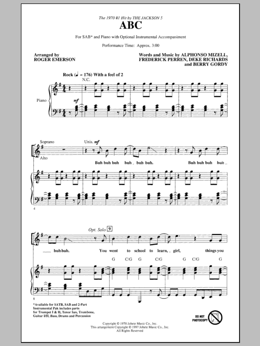 Download The Jackson 5 ABC (arr. Roger Emerson) Sheet Music