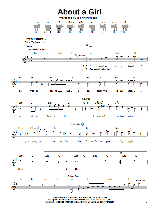 Download Nirvana About A Girl Sheet Music