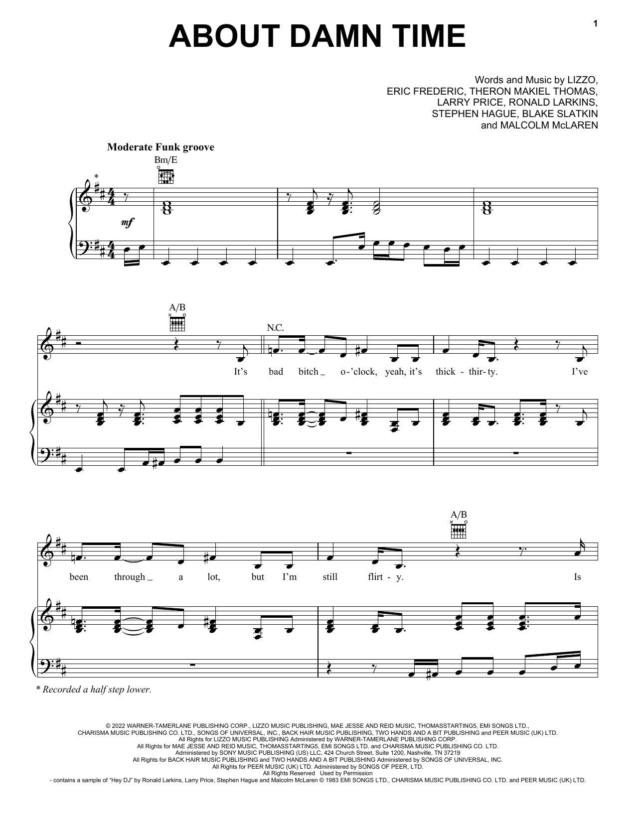 Lizzo About Damn Time sheet music notes printable PDF score