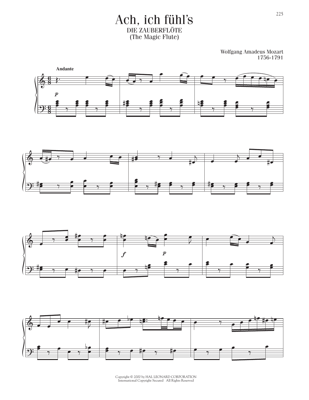Wolfgang Amadeus Mozart Ach, Ich Fuhl's (The Magic Flute) sheet music notes printable PDF score