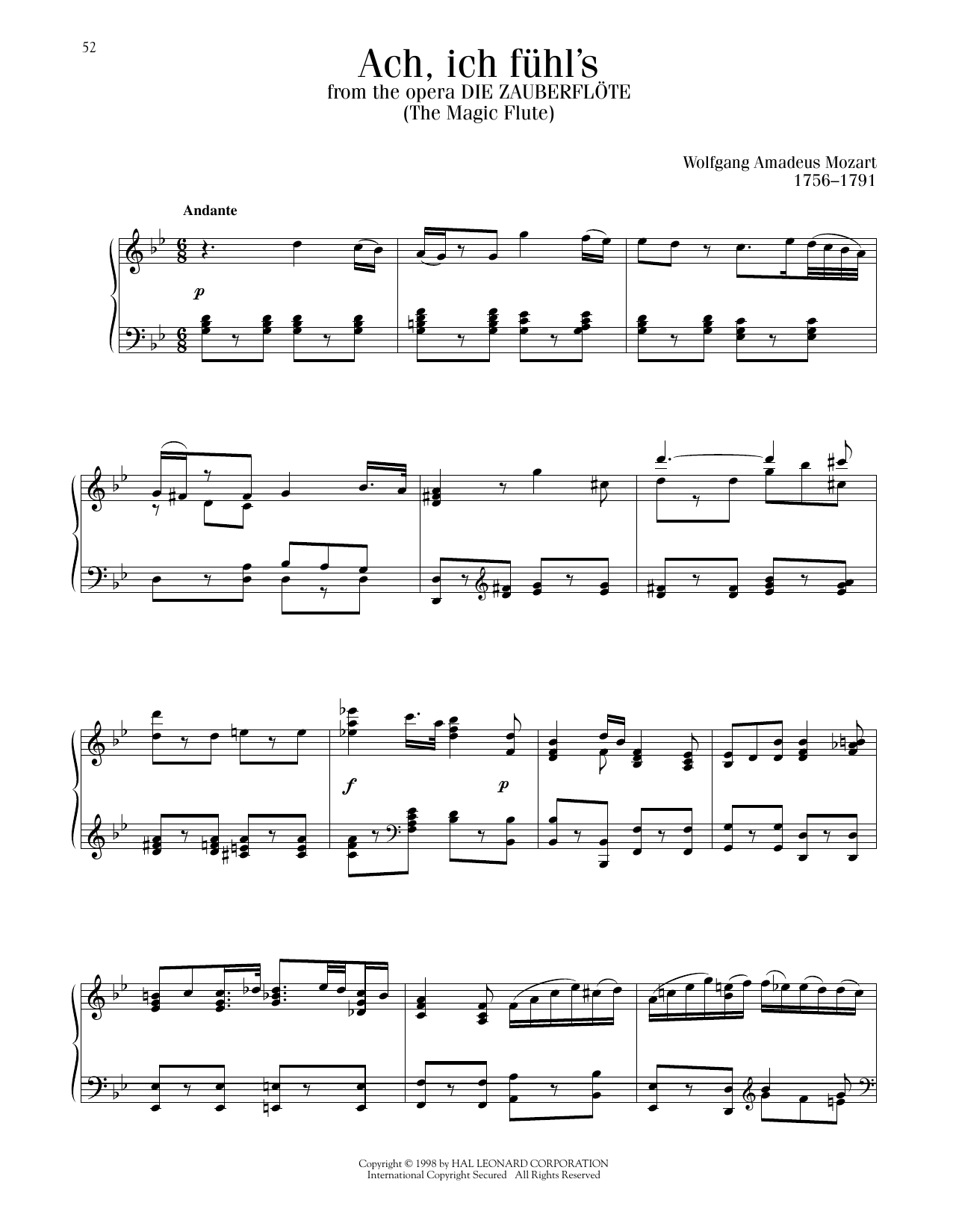 Wolfgang Amadeus Mozart Ach, Ich Fuhl's (The Magic Flute) sheet music notes printable PDF score