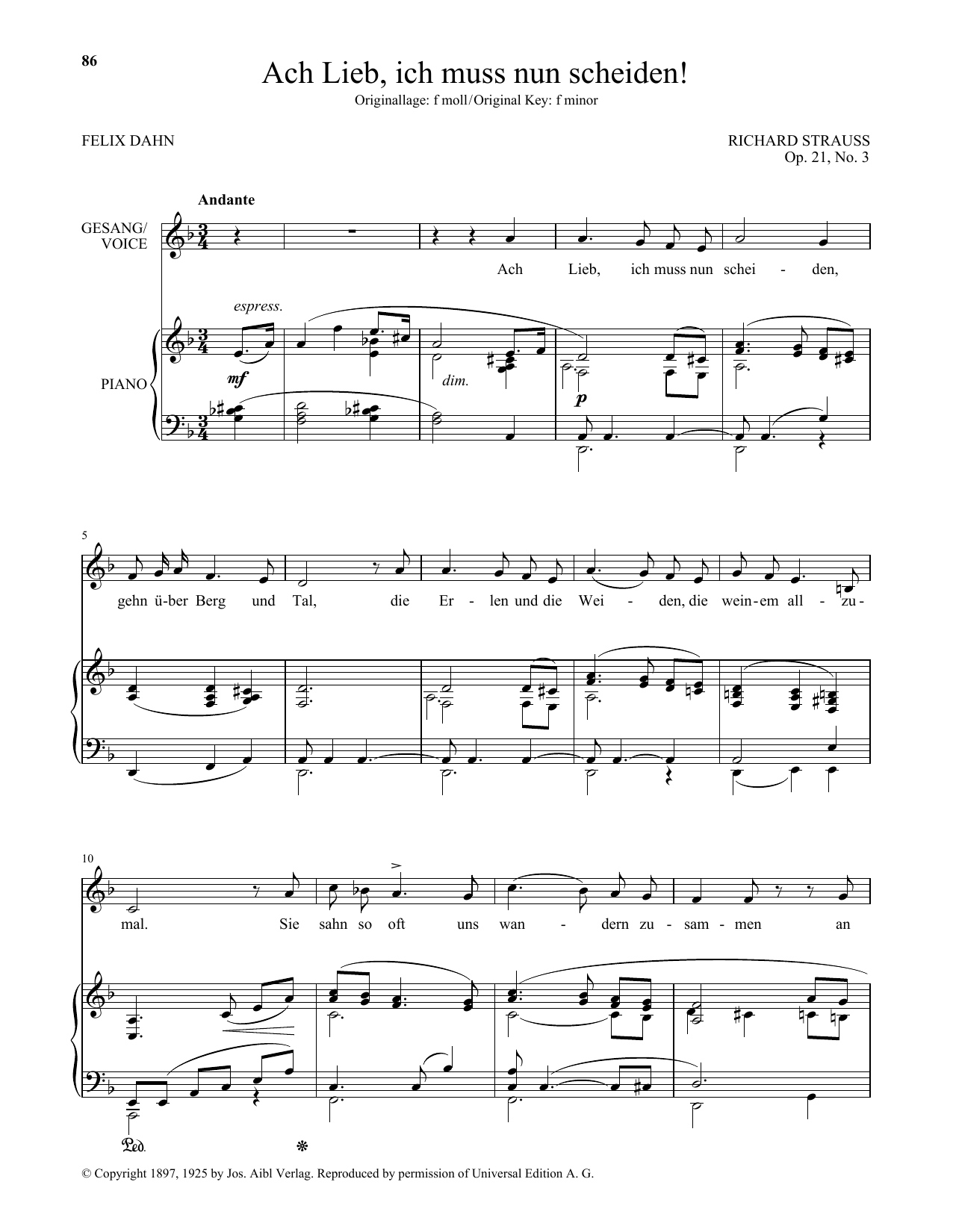 Download Richard Strauss Ach Lieb, Ich Muss Nun Scheiden! (Low V Sheet Music