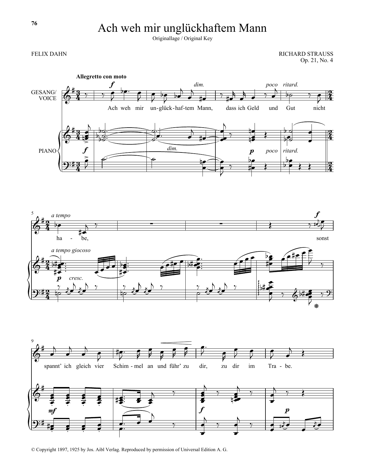 Download Richard Strauss Ach Weh Mir Ungluckhaftem Mann (High Vo Sheet Music